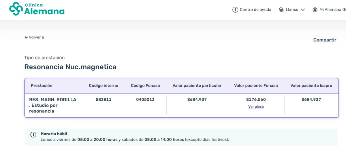 Arancel de Clínica Alemana: resonancia magnética de rodilla, código Fonasa 0405013, valor particular y valor Isapre de 684.937 pesos