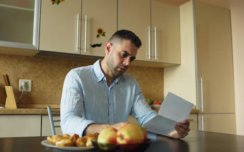Hombre revisando un documento en la mesa de su cocina
